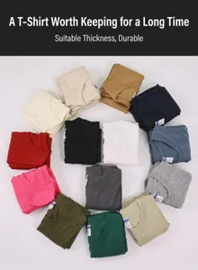 Detailed view of folded 230g pure cotton t-shirts in various vibrant colors