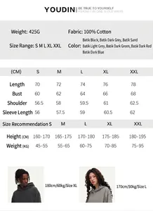 Detailed size chart and color options for the 100% cotton washed vintage heavyweight hoodie.