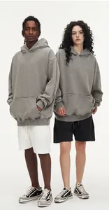 Detail view of heavyweight washed vintage grey hooded sweatshirts on male and female models