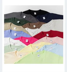 Close-up of multi-color 260G heavyweight combed cotton men's T-shirt necklines