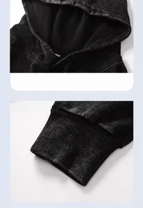 Detailed close-ups of the neckline and ribbed cuffs on this 360g washed distressed hoodie