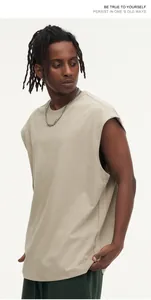 Detail of loose-fit 270g heavy cotton sleeveless tank top in khaki color