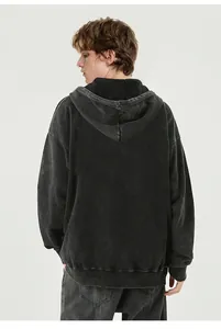 Detailed back view of a vintage charcoal grey washed distressed oversized hoodie for men