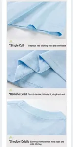 Close-up of cuffs, hem, and reinforced shoulder seams of a light blue cotton t-shirt