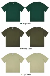 Detail view of 230g drop shoulder cotton T-shirts in dark, army, and light green shades