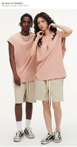 Detailed view of unisex loose pink sleeveless tank top on models in white background