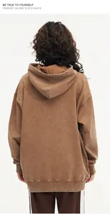 Back view detail of a heavyweight 450g pure cotton vintage washed brown hooded sweatshirt