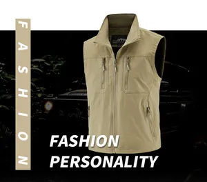 Front view of khaki men's outdoor fishing utility vest with multi-pocket design