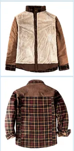 Men's plaid jacket with sherpa fleece lining and corduroy details, front and back view.