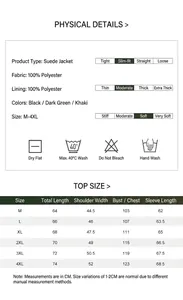 Size chart and technical parameters for men's casual suede spring jacket in khaki and black