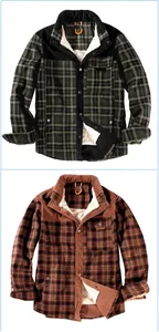 Close-up detail of plaid men's long-sleeve shirts featuring warm fleece lining and buttons