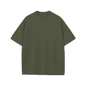 High-quality minimalist olive green cotton drop shoulder t-shirt for men with a loose fit design