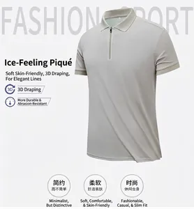 Detailed macro view of men's quick-dry ice silk polo shirt featuring zipper collar and grey pique fabric