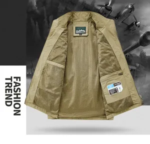 Detail view of men's khaki utility vest showing breathable mesh lining and inner pocket
