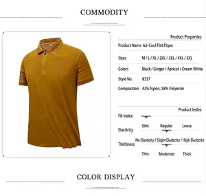 Detailed view of men's mustard polo shirt with fabric composition and size specifications.
