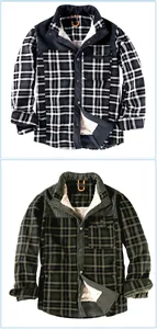 Detailed look at men's long sleeve plaid shirt jacket with warm fleece lining options