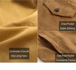 Close-up detail view of men's casual suede jacket showing smooth lining and pocket stitching