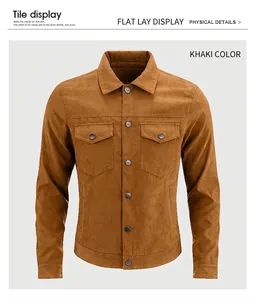 Detailed view of a men's khaki suede jacket with button-down front and chest pockets
