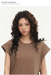 Detailed view of a street style loose-fitting brown sleeveless t-shirt on a model