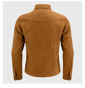 Back view of a classic brown faux suede jacket featuring detailed stitching and cuff buttons