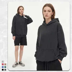 Heavyweight 450g pure cotton washed vintage charcoal grey hoodie with front pouch pocket