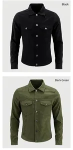 Detailed view of men's faux suede casual jackets in classic black and dark green colors