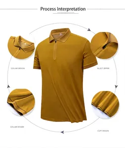 Macro view of men's mustard quick-dry ice silk polo shirt featuring zipper collar