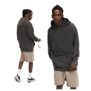 Men's 450G heavy cotton washed vintage hoodie in charcoal grey with front and back views