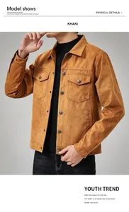 Detail view of men's khaki suede casual jacket highlighting fine fabric and buttons.