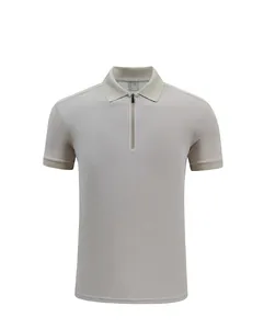 Front view of a men's light grey ice silk polo shirt showing the zipper neckline