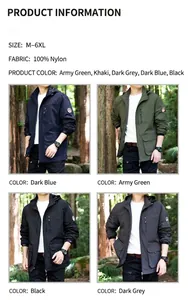 Detail view of men's lightweight windproof jacket with detachable hood in four colors