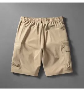 Detailed rear view of men's khaki quick-dry cargo shorts featuring multiple pockets