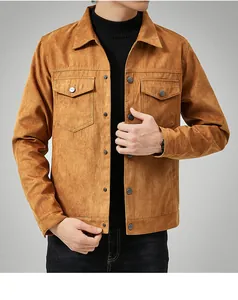 Detailed shot of brown suede casual jacket for men featuring brushed fabric texture