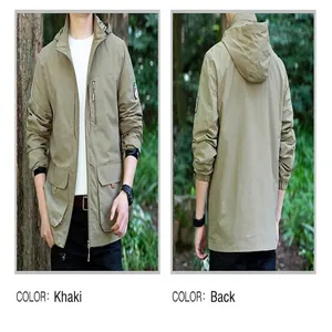 Men's khaki lightweight windproof jacket with hooded design, front and back views