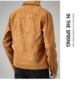 Close-up back view of a men's tan faux suede jacket in a classic British style