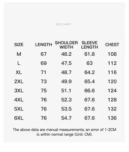 Comprehensive size chart for men's outdoor lightweight windbreaker jacket with measurements in CM