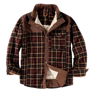 Classic men's plaid long-sleeved shirt jacket with warm fleece lining and corduroy collar