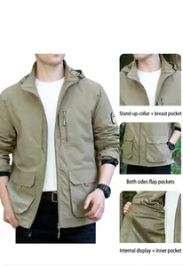 Detail view of khaki hooded tactical jacket showing pockets and breathable lining