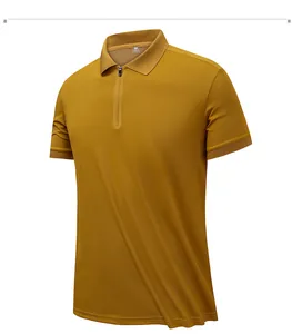 Detail view showing texture of yellow men's quick-dry ice silk polo shirt with zipper