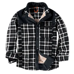 Men's plaid fleece-lined cotton shirt jacket with corduroy yoke in black and white