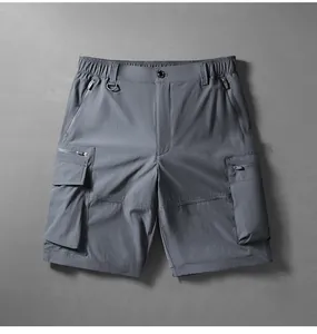 Detailed view of grey breathable quick-dry cargo shorts with multi-pocket design
