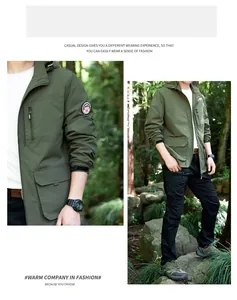 Detail showing men's army green windproof outdoor jacket in a natural forest setting