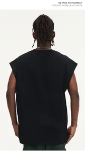 Detail view of the back of a black oversized 270G sleeveless cotton streetwear tank top.