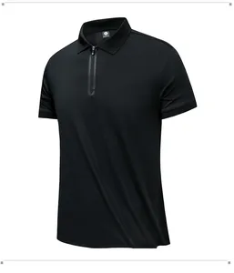 Detailed view of black men's ice silk polo shirt with a modern zipper collar design