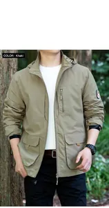 Khaki windproof outdoor jacket for men featuring a multi-pocket utility design.