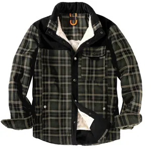 Men's plaid long-sleeve shirt jacket with warm fleece lining and corduroy detail