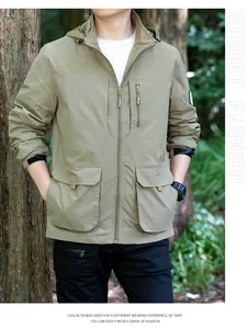 Front view detail of men's khaki windproof outdoor jacket with multi-pockets