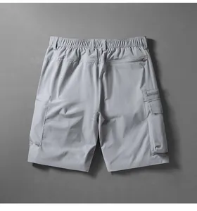 Back view detail of light gray men's quick-dry breathable hiking cargo shorts
