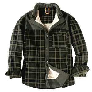 Men's European size plaid flannel shirt jacket with warm white fleece lining and long sleeves