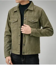 Detailed view of a men's olive green suede casual trucker jacket with chest pockets